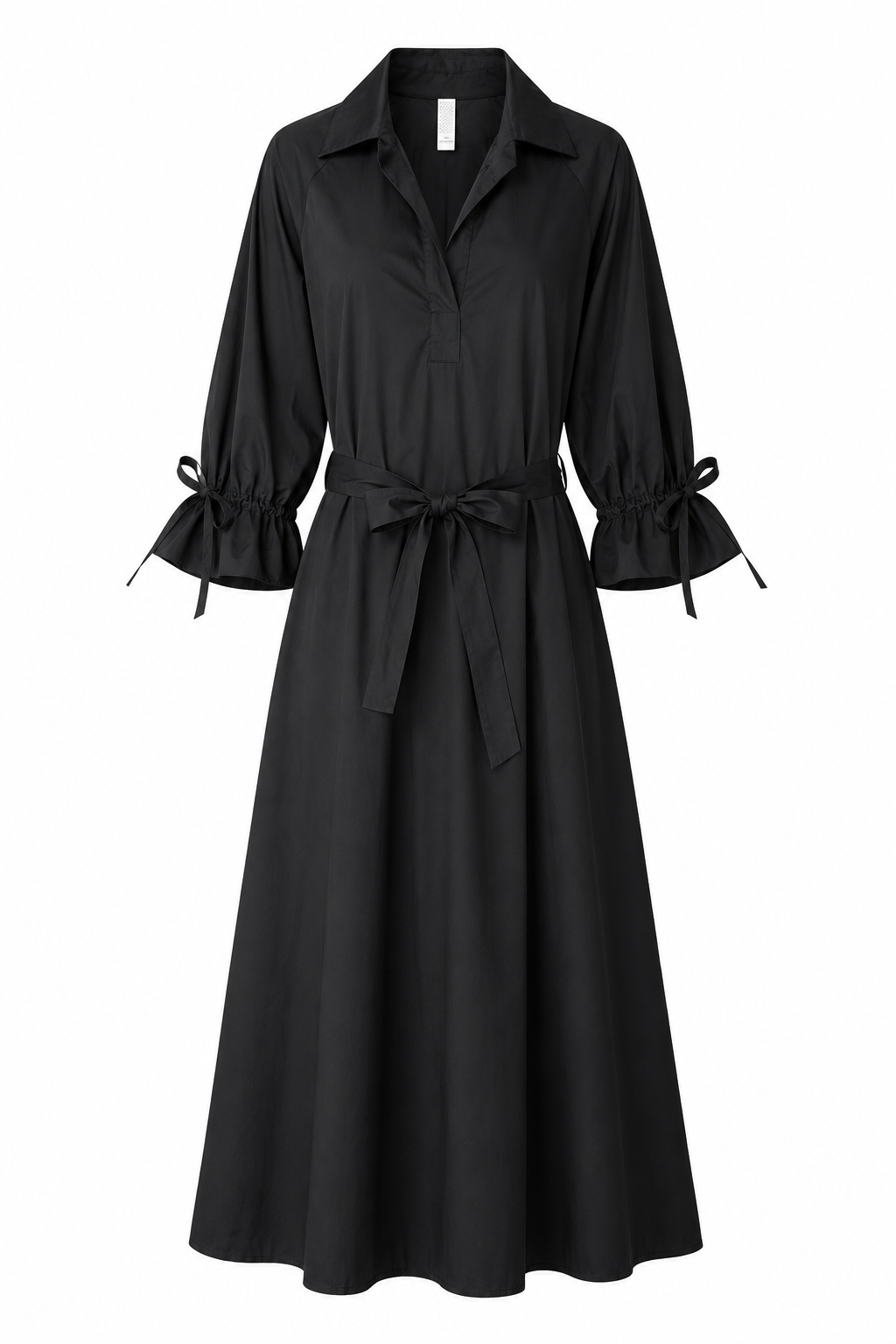 Schwarzes Baumwollkleid mit Bindegürtel
