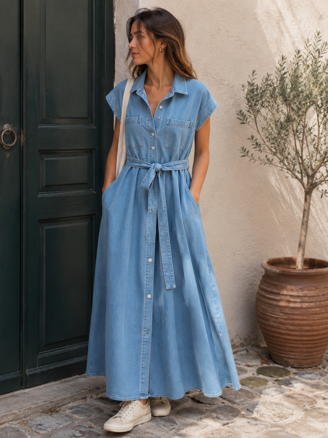 Jeans-Maxikleid mit Bindegürtel